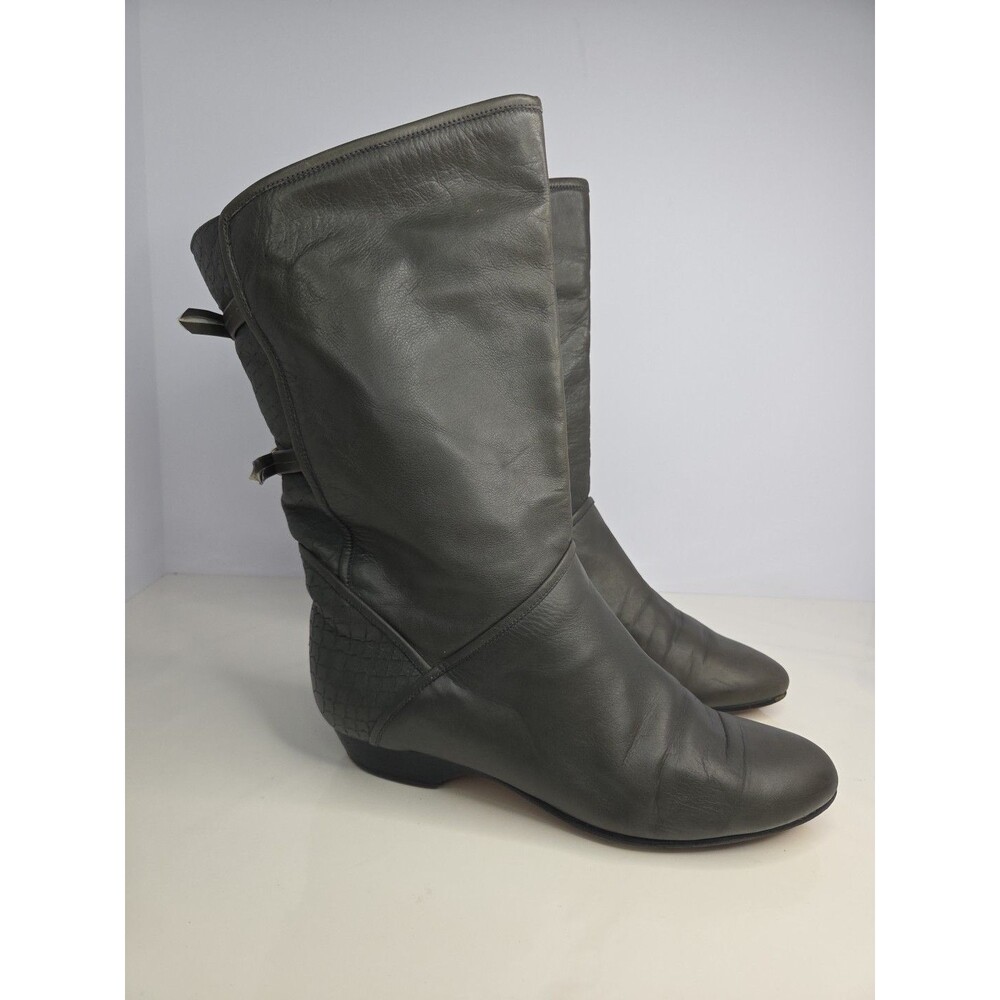 Vntg Jack Rogers Grey Mid Calf Snake Design Leather Slouch Boots Low Heel Sz 7 M